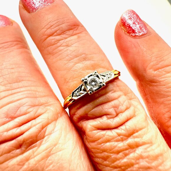 Estate Find 14K & 18K Yellow White Gold Diamond Ring Size 7.5 Vintage Engagement - Picture 3 of 6